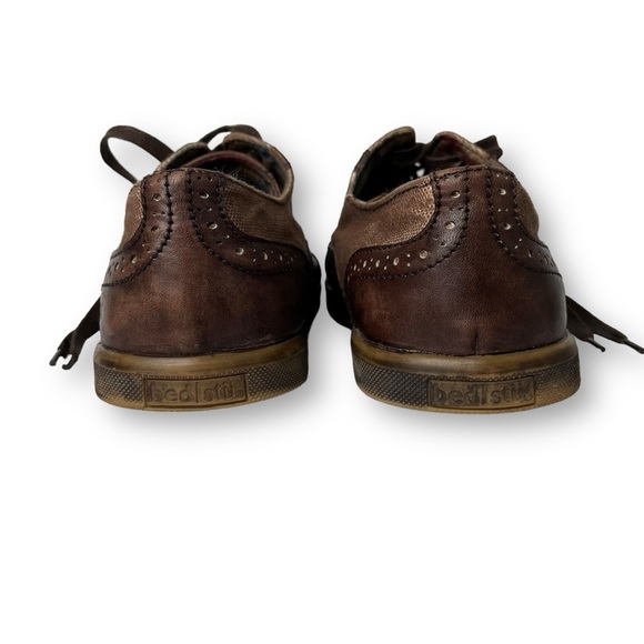 BED|STU Quinn Teak Brown Leather Canvas Distressed Wingtip Oxford Shoe 10.5 - Picture 9 of 11